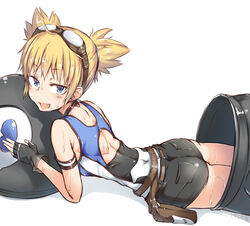  :d animal_costume ass blonde_hair commentary_request cowboy_shot female goggles goggles_on_head granblue_fantasy lying oerba_yun_fang on_stomach open_mouth penguin_costume pengy_(granblue_fantasy) short_hair short_twintails shorts smile solo spirytus_tarou sweat twintails 