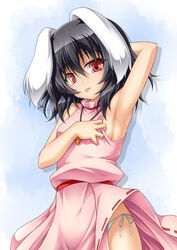  :p animal_ears arm_up armpits black_hair blush breasts commentary_request dress female inaba_tewi jewelry looking_at_viewer necklace panties pink_dress presenting_armpit rabbit_ears red_eyes roura short_hair side-tie_panties sideboob small_breasts smile solo tongue tongue_out touhou underwear white_panties 