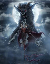  2018 canid canine canis clothed clothing collaboration digital_media_(artwork) duo female hair hi_res horn ladyfenrir lenika looking_at_viewer mammal melee_weapon moon nikolaosflamel sword weapon wolf 