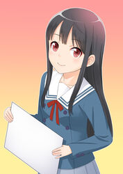  black_hair commentary_request female ha-ru kyoukai_no_kanata long_hair nase_mitsuki red_eyes school_uniform skirt smile solo upper_body 