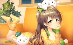  bad_id bad_pixiv_id bow breasts brown_hair cleavage couch feet_up female green_bow grey_hair hairbow head_rest indoors kyouou_ena long_hair long_sleeves looking_at_viewer love_live! love_live!_school_idol_festival love_live!_school_idol_project lying minami_kotori minami_kotori_(bird) night object_on_head on_stomach one_side_up open_clothes open_shirt plaid_pajamas smile socks solo sparkle yellow_eyes yellow_socks 