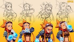  ^^^ angry armor blush breasts commentary_request cryamore cryamore_condenser detached_sleeves duplicate esmyrelda_maximus expressions facepalm female freckles gloves goggles goggles_on_head highres long_hair midriff orange_hair pauldrons red_scarf robaato scarf shoulder_armor sidelocks solo spiked_hair suspenders sweatdrop wide-eyed zoom_layer 