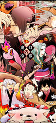  3boys aqua_hair black_hair blue_lips canine chinese_lantern_(plant) commentary_request copyright_name earrings fangs female green_hair grey_hair highres hoozuki_(hoozuki_no_reitetsu) hoozuki_no_reitetsu horns japanese_clothes jewelry karashi_(hoozuki_no_reitetsu) karauri_(hoozuki_no_reitetsu) kimono kiseru lipstick long_hair looking_at_viewer makeup multiple_boys nasubi_(hoozuki_no_reitetsu) noppo okou_(hoozuki_no_reitetsu) oni photoshop_(medium) rabbit shiro_(hoozuki_no_reitetsu) single_horn smoke smoking_pipe snake yellow_eyes 