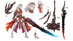  arnas_(yoru_no_nai_kuni) belt boots breasts concept_art detached_sleeves female goggles goggles_on_head grey_hair hammer large_breasts long_hair multiple_views multiple_weapons necktie official_art reference_sheet sword thigh_boots thighhighs weapon yoru_no_nai_kuni yoshiku_(oden-usagi) 