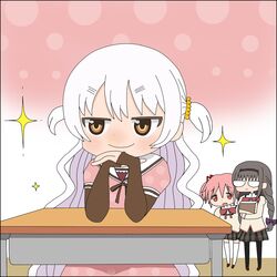  3girls akemi_homura black_hair commentary_request dress gendou_pose glasses kaname_madoka long_hair mahou_shoujo_madoka_magica mahou_shoujo_madoka_magica:_hangyaku_no_monogatari mitakihara_school_uniform moe_musume momoe_nagisa multiple_girls own_hands_clasped own_hands_together parody pink_hair pixiv school_uniform short_hair skirt smile tobarin twintails two_side_up white_hair yellow_eyes 