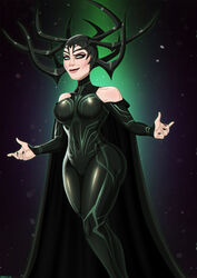  1girls black_nails cate_blanchett female female_only glowing goddess green_eyes hela human human_only light-skinned_female light_skin marvel marvel_cinematic_universe milf shadman smile solo standing thor:_ragnarok thor_(series) tight_clothes 