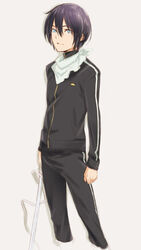  1boy aqua_eyes beige_background black_hair commentary_request jacket katana kawata_hisashi looking_at_viewer male_focus noragami pants photoshop_(medium) scarf simple_background solo sword track_jacket track_pants track_suit weapon yato_(noragami) 