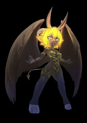  absurd_res anthro biped black_background blonde_hair bovid bracelet breasts caprine demon feathered_wings feathers female glowing glowing_hair hair hi_res hooves horizontal_pupils horn hybrid jewelry lagomorph looking_down lunatic mammal open_mouth pupils simple_background solo spade_tail standing tail wings wolpertinger yellow_eyes 