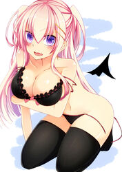  bikini black_bikini black_thighhighs bloodcatblack breasts cleavage commentary_request female highres kneeling large_breasts long_hair original pink_hair purple_eyes solo swimsuit thighhighs twintails 