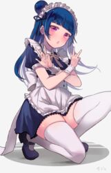  :o apron blue_hair blush commentary_request female frills fuyuzima grey_background hair_bun hair_ribbon highres long_hair looking_at_viewer love_live! love_live!_sunshine!! maid maid_headdress mary_janes pose purple_eyes ribbon shoes simple_background single_hair_bun skirt solo squatting thighhighs tsushima_yoshiko v-shaped_eyebrows white_thighhighs wrist_cuffs zettai_ryouiki 