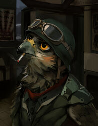  2015 accipitrid accipitriform anthro armor avian beak bird brown_body brown_feathers bust_portrait cigarette clothed clothing combat_helmet digital_media_(artwork) digital_painting_(artwork) eyewear feathers front_view fully_clothed goggles hax_(artist) headgear helmet kenket lofi looking_up male military orange_eyes portrait shirt smoking solo topwear uniform 