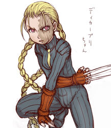  antenna_hair bad_id bad_pixiv_id blonde_hair bodysuit braid breasts claw_(weapon) commentary_request decapre e10 female fingerless_gloves gloves long_hair necktie no_mask orange_eyes photoshop_(medium) scar shoulder_pads small_breasts solo street_fighter translated twin_braids weapon 