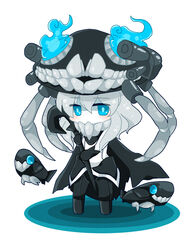  abyssal_ship aqua_eyes bad_id bad_pixiv_id blush bodysuit cannon cape chibi female glowing glowing_eyes hat kantai_collection oshaki_(iyoka) pale_skin short_hair solo teeth weapon white_hair wo-class_aircraft_carrier 