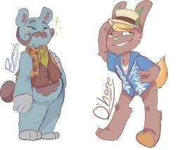  2015 3_toes 4_fingers animal_crossing anthro barefoot bear beardo_(animal_crossing) big_hands biped blue_body blue_clothing blue_fur blush bottomless brown_body brown_clothing brown_eyes brown_fur brown_nose brown_tail character_name chest_tuft closed_eyes clothed clothing digital_drawing_(artwork) digital_media_(artwork) duo english_text facial_hair featureless_crotch feet fingers front_view full-length_portrait fur green_nose grey_body grey_fur hair hat headgear headwear holding_clothing holding_hat holding_headgear holding_headwear holding_object jacket lagomorph leaning leaning_forward leporid looking_away male mammal mature_anthro mature_male mayadile moustache multicolored_body multicolored_fur necktie nervous nintendo o&#039;hare_(animal_crossing) orange_hair orange_tail overweight overweight_male plaid portrait rabbit raised_arm shirt short_hair short_tail sideburns simple_background slightly_chubby smile smirk smug sparkles standing sweater sweater_vest tail text toes toony topwear tuft undershirt vest white_background white_clothing 