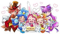  5girls ^_^ animal_ear_fluff animal_ears arisugawa_himari blue_hair bow cake candy cat_ears chipmunk_ears chocolate closed_eyes commentary_request crown cure_chocolat cure_custard cure_gelato cure_macaron cure_whip dog_ears earrings food gelato_(food) gloves gold_crown hacchi_(tennencalpis) hat heart heart-shaped_chocolate incoming_food jewelry juliet_sleeves kenjou_akira kirakira_precure_a_la_mode kotozume_yukari lion_ears long_hair long_sleeves macaron magical_girl mini_crown multiple_girls name_connection object_namesake one_eye_closed orange_hair pink_hair pointed_crown pom_pom_(clothes) pom_pom_earrings precure pudding puffy_sleeves purple_eyes purple_hair red_hair smile strawberry_shortcake tategami_aoi top_hat twintails usami_ichika white_gloves 