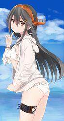  :o absurdres ass bikini bikini_under_clothes blue_sky bow bow_bikini bracelet breasts brown_eyes cleavage cloud cowboy_shot day female finger_to_mouth fingernails frilled_bikini frills grey_hair hair_between_eyes hair_ornament hairclip haruna_(2016_swimsuit_mode)_(kancolle) haruna_(kancolle) haruna_kai_ni_(kancolle) headgear highres hood hood_down hooded_jacket jacket jewelry kantai_collection long_hair looking_at_viewer looking_back medium_breasts open_mouth outdoors sky solo swimsuit thigh_strap white_bikini white_jacket yuki_(yukin0128) 