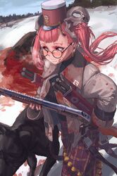  animal blood blood_on_clothes blood_on_face blood_on_snow blurry blush bypos canine censored commentary depth_of_field dutch_angle earrings female fingerless_gloves glasses gloves gun gun_sling hair_ornament hat highres jewelry long_hair military military_uniform mole mole_under_eye nail_polish original plaid plaid_skirt pump_action red_hair red_nails serious shako_cap shotgun shotgun_shell signature skirt skull_hair_ornament sky snow tree turtleneck twintails uniform weapon winchester_model_1897 winter 