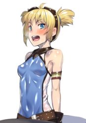  arm_strap bare_shoulders belt blonde_hair blue_eyes blush breasts commentary_request covered_navel female goggles goggles_on_head granblue_fantasy h_kasei looking_at_viewer open_mouth pengy_(granblue_fantasy) see-through shirt sleeveless sleeveless_shirt small_breasts solo sweat two_side_up upper_body wet wet_clothes wet_shirt 