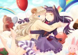  2girls animal_ears bad_id bad_pixiv_id balloon bare_shoulders barefoot blonde_hair blue_eyes brown_eyes cat_ears cloud cookie day dress eyelashes food fruit heart horns hug long_hair long_sleeves macaron multiple_girls one_eye_closed original oversized_object purple_hair rainbow rainsp sheep_ears sheep_horns strawberry stuffed_animal stuffed_rabbit stuffed_toy teddy_bear 