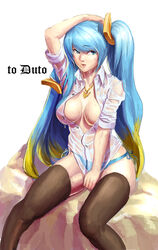  absurdres arm_up black_thighhighs blue_hair blue_panties breasts cleavage female highres jewelry large_breasts league_of_legends lips long_hair multicolored_hair necklace open_mouth oz_(gerbera7) panties photoshop_(medium) see-through shirt side-tie_panties sitting sleeves_rolled_up solo sona_(league_of_legends) swept_bangs thighhighs twintails underwear very_long_hair wet wet_clothes wet_shirt 