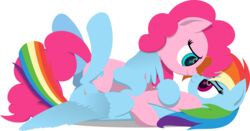  2015 absurd_res alpha_channel blue_body blue_eyes blue_fur cutie_mark duo earth_pony entwined_tails equid equine eye_contact female feral friendship_is_magic fur hair hasbro hi_res horse hug looking_at_another lying mammal multicolored_hair my_little_pony on_back on_front pink_hair pinkie_pie_(mlp) pony purple_eyes rainbow_dash_(mlp) rainbow_hair simple_background smile tail tail_coil transparent_background zacatron94 