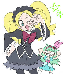  2girls angry biburi_(precure) biburi_(precure)_(cosplay) blonde_hair bow clenched_teeth commentary_request cosplay costume_switch green_eyes green_hair hacchi_(tennencalpis) hairband hand_on_own_hip juliet_sleeves kirahoshi_ciel kirahoshi_ciel_(cosplay) kirakira_precure_a_la_mode long_hair long_sleeves multiple_girls one_eye_closed pantyhose parted_bangs precure puffy_sleeves simple_background teeth v white_background 