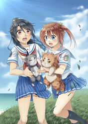  2girls animal black_hair blue_eyes brown_hair commentary_request day drill_hair feline grass high_school_fleet highres hoshiyoruno isoroku_(haifuri) long_hair misaki_akeno multiple_girls munetani_mashiro photoshop_(medium) ponytail red_eyes rope school_uniform serafuku short_hair short_sleeves tamonmaru_(haifuri) twin_drills yokosuka_girls_marine_high_school_uniform 