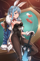  animal_ears bad_id bad_pixiv_id black_pantyhose blue_eyes blue_hair breasts card cleavage detached_collar fake_animal_ears female gloves granblue_fantasy highres kyuuso_inukami leotard long_hair looking_to_the_side medium_breasts on_shoulder pantyhose photoshop_(medium) playboy_bunny playing_card rabbit_ears sitting smile solo sword therese_(granblue_fantasy) weapon white_gloves 