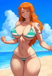  1girls ai_generated bare_arms bare_legs bare_shoulders bare_thighs beach big_breasts bikini bikini_bottom bikini_top clothed clothing color female female_focus female_only hi_res krystalizedart large_breasts light-skinned_female light_skin long_hair nami nami_(one_piece) one_piece orange_hair post-timeskip sand sea shounen_jump solo solo_female tagme tattoo thick_thighs water 