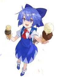  :d arms_up backpack bad_id bad_twitter_id bag blue_bag blue_bow blue_dress blue_eyes blue_footwear blue_hair blurry blush bow chocolate_chip cirno collared_shirt commentary_request depth_of_field double_scoop dress female food full_body giving hair_between_eyes hairbow highres ice_cream ice_cream_cone kerchief looking_at_viewer neck_ribbon open_mouth pikumin puffy_short_sleeves puffy_sleeves red_ribbon ribbon round_teeth sharing_food shirt short_hair short_sleeves smile socks solo standing teeth touhou white_shirt white_socks wing_collar 