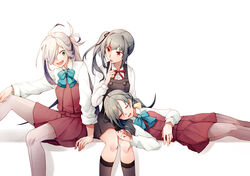  3girls asashimo_(kancolle) brown_eyes closed_eyes commentary_request dress green_eyes grey_hair grey_legwear hair_between_eyes hair_over_one_eye highres index_finger_raised kantai_collection kasumi_(kancolle) kiyoshimo_(kancolle) lap_pillow long_hair long_sleeves low_twintails multiple_girls nan_(nanyayyay) open_mouth pantyhose pinafore_dress ponytail purple_legwear remodel_(kantai_collection) sharp_teeth shirt side_ponytail sleeping sleeveless sleeveless_dress teeth twintails white_hair white_shirt 