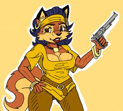  anthro big_breasts blue_hair breasts canid canine carmelita_fox clothed clothing ear_piercing female fox gun hair mammal piercing ranged_weapon simple_background sly_cooper_(series) solo sony_corporation sony_interactive_entertainment sucker_punch_productions weapon xxtheoneguyxx 