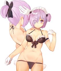  alternate_costume alternate_hairstyle arm_at_side arm_garter bad_id bad_twitter_id bikini black_bikini bow breasts cleavage cowboy_shot eyes_visible_through_hair fate/grand_order fate_(series) female frills front-tie_bikini_top front-tie_top gloves hair_over_one_eye hairbow half_gloves halterneck looking_at_viewer lowleg lowleg_bikini maid_headdress mash_kyrielight medium_breasts multiple_views navel purple_eyes purple_hair short_hair short_ponytail shovelwell simple_background swimsuit two_side_up white_background white_gloves 