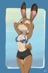  2018 2:3 absurd_res anthro athletic athletic_anthro athletic_female bikini bikini_shorts bikini_top blue_eyes bluelighthouse bottomwear breasts brown_body brown_fur cleavage clothed clothing deaffinity deannart disney eyelashes fan_character female fur hands_behind_head hi_res lagomorph leporid looking_at_viewer mammal medium_breasts one_eye_closed pose rabbit shorts simple_background smile solo spaghetti_strap standing swimwear triangle_bikini trisha_rose_(bluelighthouse) wink zootopia 