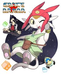  1boy alien bad_id bad_pixiv_id black_hair crossed_legs dandy_(space_dandy) hat highres looking_at_viewer meow_(space_dandy) pompadour qt_(space_dandy) reina_(upperheaven) robot smile space_dandy 