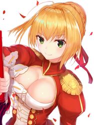  ahoge blonde_hair breasts cleavage commentary_request dress epaulettes fate/extra fate/grand_order fate_(series) female green_eyes hair_intakes medium_breasts nero_claudius_(fate) nero_claudius_(fate/extra) red_dress reuri_(tjux4555) short_hair solo sword weapon 