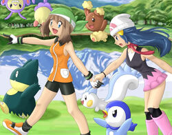  2girls alternate_costume bike_shorts boots breasts dawn_(pokemon) forest gloves happy haruka_(pokemon) hips knee legs miniskirt munchlax nintendo open_mouth piplup pokemon pokemon_(anime) pokemon_(game) running serious shoes skirt socks tongue tree walking 