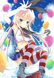  anchor_hair_ornament armpits balloon blonde_hair blue_skirt blue_sky blush cloud commentary_request day elbow_gloves female gloves green_eyes hair_ornament hairband highres kantai_collection long_hair looking_at_viewer maya_(tirolpop) shimakaze_(kancolle) skirt sky smile solo striped_clothes striped_thighhighs thighhighs white_gloves 