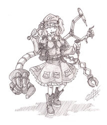  :d absurdres backpack bag belt boots commentary_request female graphite_(medium) greyscale hair_bobbles hair_ornament hat highres kawashiro_nitori key mechanical_arms monochrome one_eye_closed open_mouth photoshop_(medium) short_hair signature single_mechanical_arm skirt smile sogin solo tools touhou traditional_media two_side_up wrench 