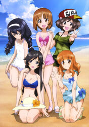  5girls :/ :d absurdres akiyama_yukari alternate_hairstyle baseball_cap beach bikini black_eyes black_hair blue_bikini blue_bow bow braid breasts brown_eyes brown_hair camouflage camouflage_shirt cleavage closed_mouth cloud collarbone day frilled_one-piece_swimsuit frills full_body girls_und_panzer hairband halterneck hands_on_another&#039;s_shoulder hat head_tilt highres isuzu_hana kneeling long_hair looking_at_viewer medium_breasts multiple_girls navel nishizumi_miho off-shoulder_shirt off_shoulder official_art one-piece_swimsuit open_mouth outdoors outstretched_arm own_hands_together reizei_mako sandals scan shirt short_hair sitting sky small_breasts smile standing standing_on_one_leg sugimoto_isao sun_hat swimsuit takebe_saori twin_braids unworn_hat unworn_headwear v v_arms very_long_hair water white_one-piece_swimsuit 