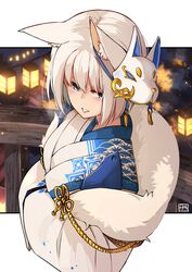  a:n_(angrynum) animal_ears azur_lane blue_eyes blush commentary_request female fox_ears from_above japanese_clothes kaga_(azur_lane) kaga_(white_fox&#039;s_new_year)_(azur_lane) kimono looking_to_the_side mask mask_on_head official_alternate_costume parted_lips short_hair signature solo white_hair yukata 