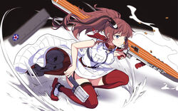  anchor bad_id bad_pixiv_id belt blue_eyes blush breast_pocket breasts brown_hair closed_mouth cnm commentary dress drum_magazine female flight_deck floating_hair garter_straps gun hair_between_eyes hair_ornament high_heels high_side_ponytail highres kantai_collection large_breasts long_hair looking_afar machinery magazine_(weapon) panties pink_panties pocket ponytail pouch red_thighhighs reloading saratoga_(kancolle) scarf shell_casing side_ponytail sidelocks smile smokestack solo squatting submachine_gun thigh_pouch thigh_strap thighhighs underwear weapon white_dress wind wind_lift 