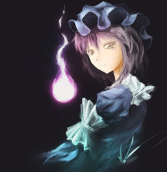  :o arm_garter arufa_(hourai-sugar) female fire fireball hitodama looking_at_viewer looking_back photoshop_(medium) purple_fire purple_hair ribbon-trimmed_collar ribbon_trim saigyouji_yuyuko solo touhou yellow_eyes 