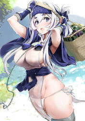  anchor armpit_peek armpits arms_up basket blue_eyes breasts chains commentary_request covered_navel dutch_angle female folded_ponytail food fruit glint grey_hair hair_between_eyes headband highres impossible_clothes japanese_clothes kamoi_(kancolle) kantai_collection large_breasts long_hair looking_at_viewer nylon_(nylon_100) obi open_mouth outdoors panties pelvic_curtain sash see-through side-tie_panties sidelocks solo string_panties thick_eyebrows thighhighs underwear water_drop watermelon wet wet_clothes white_panties 