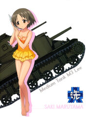  absurdres barefoot breasts brown_eyes brown_hair casual_one-piece_swimsuit caterpillar_tracks character_name cleavage collarbone emblem female frilled_one-piece_swimsuit frills full_body girls_und_panzer girls_und_panzer_senshadou_daisakusen! highres looking_away m3_lee maruyama_saki military military_vehicle motor_vehicle official_art one-piece_swimsuit ooarai_(emblem) orange_one-piece_swimsuit seashell shell shell_to_ear shiny_skin short_hair simple_background small_breasts solo standing swimsuit tank white_background 