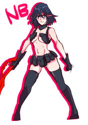  belt black_gloves black_hair black_thighhighs blush boots breasts chest_harness commentary_request detached_collar female gloves gun handgun harness highres holster kill_la_kill large_breasts matoi_ryuuko multicolored_hair navel nudist_beach_uniform revealing_clothes scissor_blade_(kill_la_kill) short_hair shoulder_holster solo streaked_hair thigh_boots thighhighs underboob utility_belt weapon yunkru 