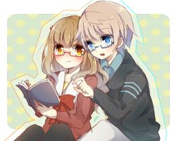  1boy akako_(kanoko1112) bespectacled blue_eyes book brown_eyes brown_hair commentary_request couple female glasses hisanuma_sayu isaki_kaname long_hair nagi_no_asukara short_hair straight 