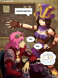  2girls 2gold belt blue_eyes breasts brown_eyes brown_gloves brown_hair caitlyn_(league_of_legends) chalkboard cleavage commentary dress english_commentary fingerless_gloves gloves goggles goggles_on_head jacket league_of_legends long_hair long_sleeves medium_breasts multiple_girls pink_hair purple_dress smile speech_bubble vi_(league_of_legends) zac_(league_of_legends) 