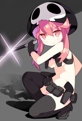  &gt;:( alternate_costume bare_shoulders belt black_gloves black_thighhighs boots breasts chest_harness commentary_request female frown full_body gloves harness hat highres holster jakuzure_nonon kill_la_kill kneeling knife looking_at_viewer medium_breasts navel nudist_beach_uniform photoshop_(medium) pink_eyes pink_hair revealing_clothes saru short_hair shoulder_holster sidelocks skull_print solo spoilers thigh_boots thighhighs utility_belt v-shaped_eyebrows 