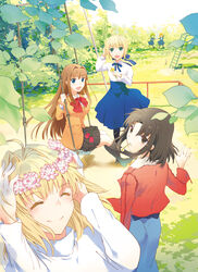  6+girls :d ^_^ ahoge aozaki_aoko arcueid_brunestud artoria_pendragon_(fate) bad_id bad_pixiv_id blonde_hair blue_eyes bow brown_eyes brown_hair casual closed_eyes coat commentary_request fate/stay_night fate_(series) flower fur_coat green_eyes hair_ribbon head_wreath hibino_hibiki kara_no_kyoukai katsuragi_chikagi long_hair long_sleeves mahou_tsukai_no_yoru multiple_girls nichiru open_mouth ribbon ryougi_shiki saber_(fate) school_uniform short_hair skirt smile tsukihime type-moon 